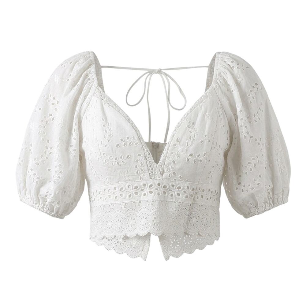 Altar'd State White Eyelet Lace Puff Sleeve Crop Top Size S Boho Cottagecore